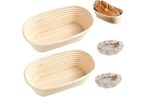 DAJASD Lot de 2 paniers à pain ovales en rotin naturel de 25 cm, panier de levain avec doublure en tissu de lin, kit d'outils professionnels pour la fabrication de pain au levain