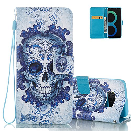 Hülle für Samsung S8, Galaxy S8 Brieftasche Schutzhülle, Aeeque Blau Wolke Schädel Muster Flip Tasche im Bookstyle mit Kartenfach Trageschlaufe Kunstleder Handyhülle Etui Wallet Case Cover Schale für Samsung Galaxy S8