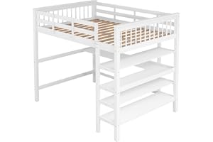 KecDuey Hochbett,Etagenbett,Kinderhochbett mit Lattenrost aus Holz,mit Leitern,Ablagefächern und Unterbettschreibtisch (Weiß, 140 x 200cm)