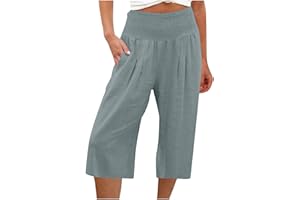 KUIH 3/4 Shorts for Women UK Summer Comfy Cotton Linen Shorts Wide Leg High Waist Straight Shorts with Pockets Hiking Outgoing Shorts Trousers Breathe Beach Shorts UK Size 8-18