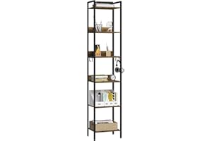 EUGAD Libreria Industriale a 6 Livelli, Scaffale in Metallo e Legno per Soggiorno e Cucina, Salvaspazio con 4 Ganci, Nero + Legno Vintage, 40x30x187cm