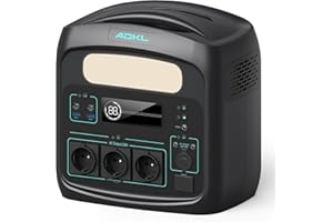 ADKL Tragbare LiFePO4 Powerstation,1.5 Stunden Schnellladung, USB-C PD100W Ladeanschluss,1200W AC Steckdosen x 3, Tragbare Kraftwerk für Notstrom,Camping,Wohnmobile,zuhause. (Schwarz-1200W)