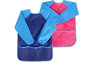 Gwolf Grembiule da pittura per bambini, da 8 a 10 anni, per bambini/ragazzi, con maniche e 3 tasche, grembiule da pittura per bambini, in tessuto per scuola, arte, cucina, cibo, attività di