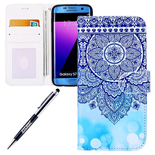 Samsung Galaxy S7 edge case,Samsung Galaxy S7 edge Flip Wallet Case,JAWSEU Premium Flower Animal Cartoon Pattern PU Leather Wallet Case Cover Pouch Magnetic Closure with Card Slots for Samsung Galaxy S7 edge,Kickstand,Credit Card Holder,Book Style Flip Wallet - Blue totem flower