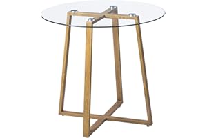 H.J WeDoo Tavolo da Pranzo in Vetro, Tavolo Cucina Rotondo Stile Nordico, Moderne Gambe in Acciaio Stilizzato con Stampa Legno, 80 x 75 cm