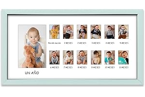 Ichigo Ichie Marco de Fotos de Madera del Primer Año del Bebé, Marco de Fotos Mensual para Recién Nacidos de 12 Meses - Recuerdos Primer Año y Momentos Especiales, 25 x 45 cm (Horizontal, Azul)