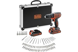 BLACK+DECKER Kit trapano 18V Cordless con 2 batterie da 1,5Ah, caricatore rapido, set di accessori da 80 pezzi e custodia da trasporto, BDCDC18BAFC-QW