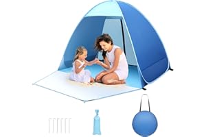 HAOYAO Pop up Tente de Plage, Tente Familiale 2-3 Personnes Protection UV UPF 50+ avec Porte Arrière Zippée, Porte d'entrée avec Boucles Petit Emballage pour Protection Solaire Plage, Jardin