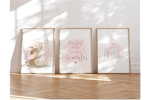 MeinBaby123® Bilder Kinderzimmer | 3er Set DIN A4 Poster Set | Wandbilder mit Spruch | Regenbogen | Deko Kinderzimmer Mädchen | Babyzimmer Deko | Wandposter Premium (Hase)