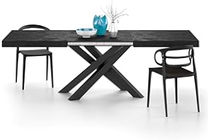 MOBILI FIVER, Mesa Extensible Emma 160(240) x90 cm, Color Cemento Negro con Patas Cruzadas Negras, para 6-10 Personas, Mesa Extensible de Comedor, Mesa Cocina, Salon, Made In Italy