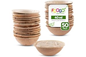 FOOGO Green 50 Ciotole Mini Monouso in Foglia di Palma, 7 cm, 300ml, Dessert e Insalate, Rotonde, Biodegradabili, Compostabili come Ciotole in Legno, Bambù e Carta, per Feste, Aperitivi e Stuzzichini.