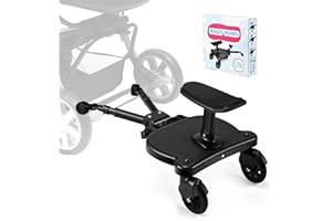 BugyKido Buggy Board with Seat, Universal Pram Standing Board for Children, Pram Accessory from 2-6 Years (25 kg), for Over 99% of Baby Carriages (Black Wheels)