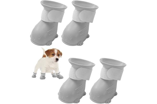 VayuSrot 4 Pcs Dog Shoes, Waterproof Silicone Paw Protectors, Non-Slip Rain Boots for Wet and Hot Pavement, Gray Dog Boots (6x4.5 cm)