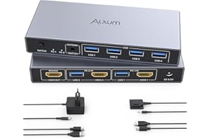 Alxum HDMI KVM Switch 2PC 1 Monitore, 4K@60Hz USB 3.0 KVM-Switches für 2 Computers teilt 1 Monitor & Tastatur/Maus, USB-Ports für Tastatur, Maus, Mikrofon, Kopfhörer-Ports, 2 USB Kabel, DC 5V-Netzteil