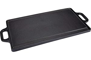 ‎BAUMALU Baumalu - 42 cm Gusseisen-Grillplatte, beidseitig nutzbar, Maße 50,5 x 2 x 23 cm, Elegante Schwarze Oberfläche, ideal für Gas und Ofen, inklusive 3 essentielle Zubehörteile