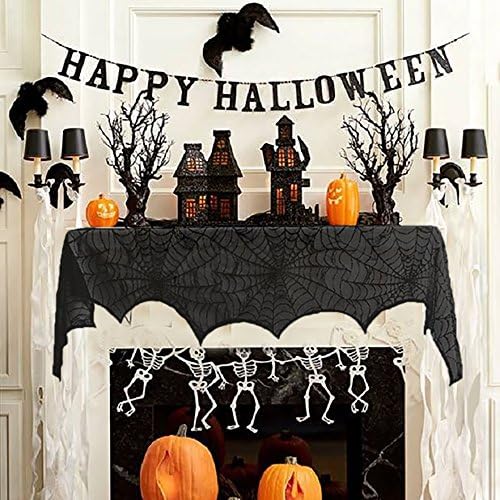 Halloween Spiderweb Decorations - RECESKY 240*43cm Halloween Black Lace Cobweb Fireplace Cover Decor - Halloween Mantel Scarf - for Halloween Party Supplies, Indoor, Door, Window, Curtain, Windowsill, Table Decorations
