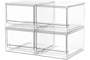 A-LuGei 4 Stücke 𝗦𝘁𝗮𝗽𝗲𝗹𝗯𝗮𝗿 Schubladen Organizer Schminktisch, 𝗧𝗿𝗮𝗻𝘀𝗽𝗮𝗿𝗲𝗻𝘁 Make up Organizer Schublade Kosmetik, Schubladenbox mit Deckel für Badezimmer Schrank Küchen Kühlschrank