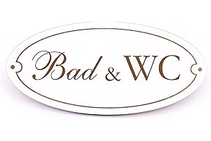 DEKO-LANDO Bad WC Schild Holz graviert oval selbstklebend Toilettenschild Deko Vintage Türschild 15 x 7 cm, Weiß