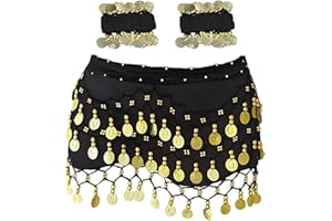 SamHeng Bauchtanz Hüfttuch mit Armbändern, Chiffon Bauchtanz Schal Wickeln Gürtelflügelrock mit goldenen Münzen für Performance Kostüm Bauchtanz Yoga Klasse