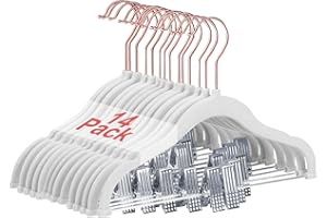 Wellong Baby Clothes Hangers with Clips, 14 Packs Kids Clothes Hangers, Heavy-Duty Childrens Hangers, Clothing Hangers for Shirts, Pants, Skirts, Dresses, Jackets, Coat White - Rose Gold Hook