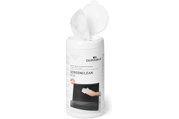 Durable 573602 Screenclean Boîte 100 Lingettes Nettoyantes Sans Alcool pour Surfaces Vitrées Et Ecrans Boîte Distributrice Rechargeable