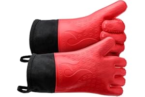 GEEKHOM Silicone Grilling Gloves, Heat Resistant Oven Mitts, BBQ Gloves, Waterproof Non-Slip for Barbecue, Cooking, Baking, Fryer, Red