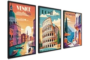 ag.art deco Quadri Moderni Soggiorno con Cornice Nera 30x40 cm | Poster da Parete | Quadri Camera da Letto o il Soggiorno | Set di 3 Stampe da Parete (Ciao Italia)