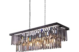 ‎WELLMET Wellmet Kristallleuchter Schwarz Kronleuchter Modern 9-Licht 89cm-länge Kristall Pendelleuchte Esstissch Glas Hängeleuchte Lüster Wohnzimmer Deckeleuchte Hängend Hängelampe Rauchgrau groß Rechteckig