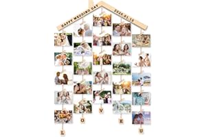 MOVEONSTEP Hanging Photo Display, Picture Photo Frame Wood Wall Photo Display Board with Rope and 30 Small Memo Clips Collage for Home Decoration 63x90cm (2 Sheets Alphabet & Number Stickers)
