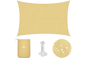 Sekey Sonnensegel Wasserdicht 3x5m Rechteckig PES Polyester, Sonnenschutz 95% UV Schutz Windschutz Reißfest Wetterfest, für Balkon Garten, mit Ösen und Befestigungsseile, Sand