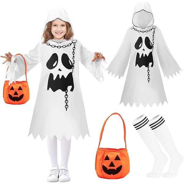 Déguisement Fantôme Rubies – Tunique Blanche Imprimée Chaînes, Capuche – Halloween, Carnaval, Cosplay – Enfant 3-8 Ans