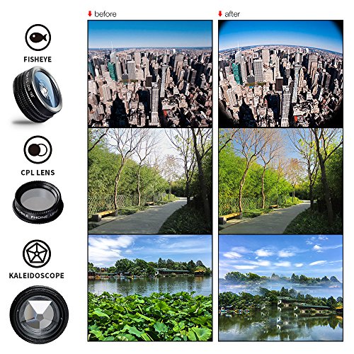 Apexel tel  fono c  mara lente 7  en 1  lente Kit 198  grado ojo de pez Lente   0 36  x Super gran angular lente   2  x teleobjetivo   lente gran angular 0 63  x y 15  x lente macro   CPL lente   Caleidoscopio para iphone ipad samsung huawei y m  s Android Smartphone y Tablet