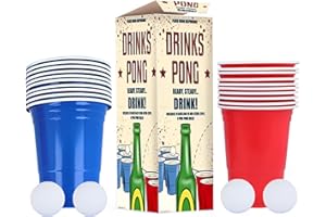 EVOKK Beer Ping Pong Game Set/ 24-Piece Pong Set Drinking Games 16oz Blue & Red Plastic Cups Pong Games for Students Birthday Parties Fun Drinking Game Games for Adults. (White Balls)