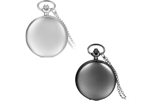 JewelryWe 2PCS Montre de Poche Ronde Quartz Fantaisie Simple Lisse Couverture Chic Pendentif Collier Alliage pour Homme et Femme Couleur Noir Argent avec Sac Cadeau