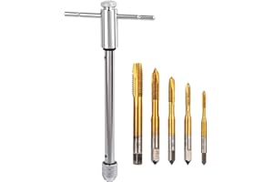 K Kwokker 6Pcs M3-M8 Titanium Taps Set, T-Handle Ratchet Tap Machine Tap with Upgrade Adjustable T-Handle Reversible Ratchet Wrench, Tapping Tool Set