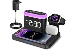 Wireless Charger Station,5 in 1 Wecker mit Kabellose Ladestation,7 Nachtlichter，Induktive Handy Ladegerät für iPhone 15/14/13/12/11/Pro/Max Samsung,Apple Watch 9/8/7/6/SE,AirPods Pro/3/2/1