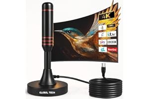 GLOBAL TECH Indoor TV Aerial - High Gain Portable Digital TV Aerial Freeview HD TV Antenna with Magnetic Base & 9.8ft Coax Cable for All TVs