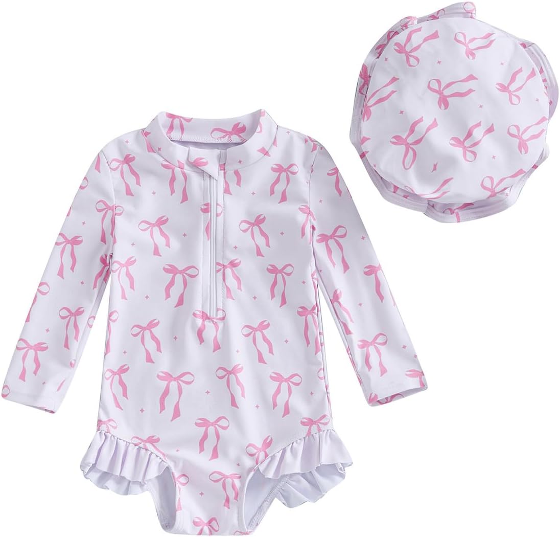 JENJON Traje de Baño a Rayas para Bebé Niña con Volantes Mangas Lindo Floral Traje de Baño de Una Pieza con Cremallera Protección UV y Gorro de Playa Verano
