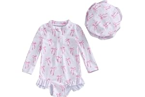 JENJON Traje de Baño a Rayas para Bebé Niña con Volantes Mangas Lindo Floral Traje de Baño de Una Pieza con Cremallera Protección UV y Gorro de Playa Verano