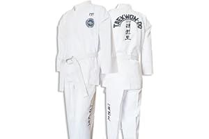 KUXUAN ITF Taekwondo Uniform Kinder Erwachsene Gestreifter Stoff Karate Gi Judo Anzug für Wettkampf und Training,White-160