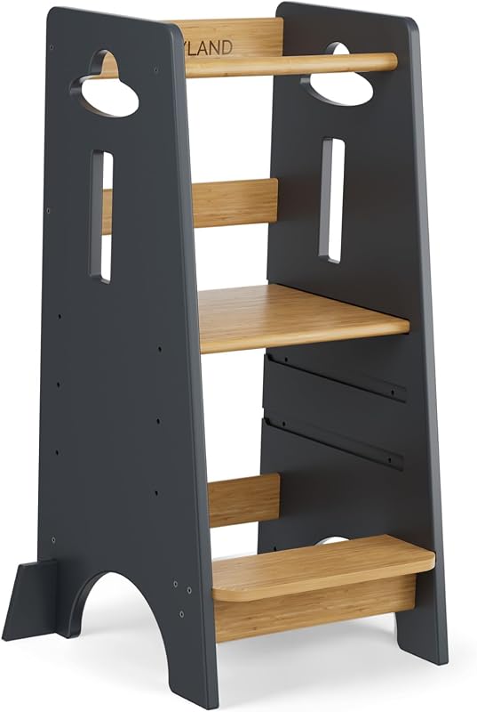 COSYLAND Torre Montessoriana Bambini da 1 Anno – Torretta Montessoriana in Legno Spesso, Regolabile a 3 Altezze (Grigio Classico & Naturale)