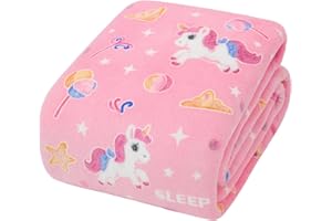 WXHAPPYSHOP Children's Cuddly Blanket 150 x 200 cm - Glow-in-the-Dark Plush Blanket with Unicorn, Stars & Moon for Girls and Boys Oeko-Tex Standard 100 Super Soft & Machine Washable Gift Idea (Unicorn)