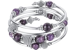 BULINLIN Turquoise Beaded Chakra Bangle Bracelet, Silver Layered Jewellery Wrap Bracelet with Natural Stone Birthday Gift for Women