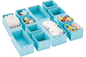 mDesign Set da 12 Organizer armadio a pois – Contenitori cameretta, bagno, camera in fibra sintetica – Portaoggetti bimbo di diverse misure – turchese/bianco