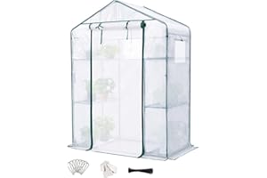 Quictent Foliengewächshaus 195 x143 x 73 cm,begehbares Gewächshaus mit 6 Ablageflächen, 140 g/m² PE-Gitternetzfolie,Netztür und Fenster,Tomatenhaus Gemüse Gewächshau,Weiß