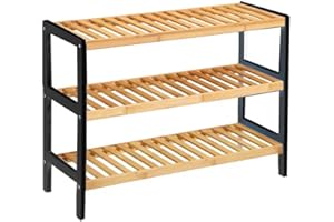 UTTAM 3 Tier Natural Bamboo Shoe Rack Easy Assembly & Strong Design Shelf Organiser, Suitable for Bedrooms, Bathrooms, Hallways, and Compact Areas - Spacious for Storing 12 Pairs of Shoes (Black)