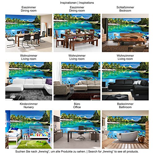 Vlies Fototapete 312x219cm PREMIUM PLUS Wand Foto Tapete Wand Bild Vliestapete – Tiere Tapete Delfin Fische Korallen Tiere Meer Palme Strand Hütten blau – no. 2044 - 5