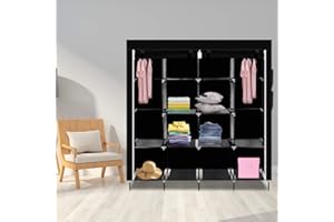 LEADZM Armadio pieghevole in tessuto, con chiusura lampo, scomparti per camera da letto, soggiorno (nero, 170 x 45 x 180 cm)