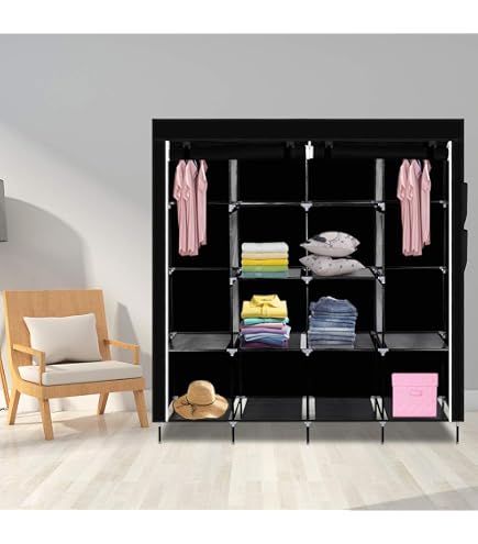 Armoire Tissu Avec Tringles Et Étagères - Rangement Mobile Pour Chambre, Garage Ou Camping - Noir