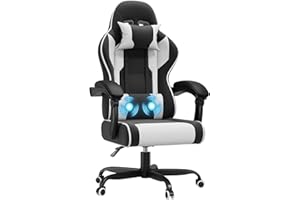 JUMMICO JETSTREAM Poltrona Gaming Ergonomica Con Poggiapiedi, Poggiatesta, Massaggio E Sollevamento Pneumatico, 150 Kg, bianco e nero